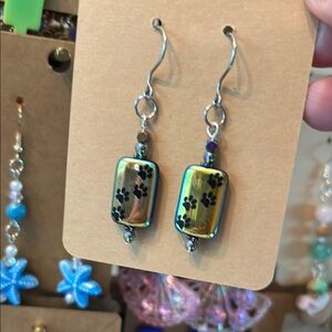 Yellow/blue Iridescent Glass Bead Pawprints Dangle Earrings